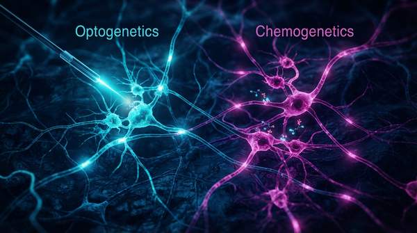 Editorial illustration for Controlling Neural Circuits: A Comparison of Optogenetics and Chemogenetics