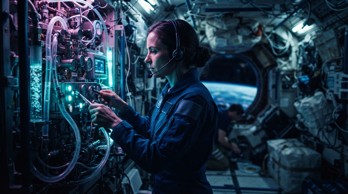 Editorial illustration for How the Space Station Turns Exhaled Breath Back into Oxygen