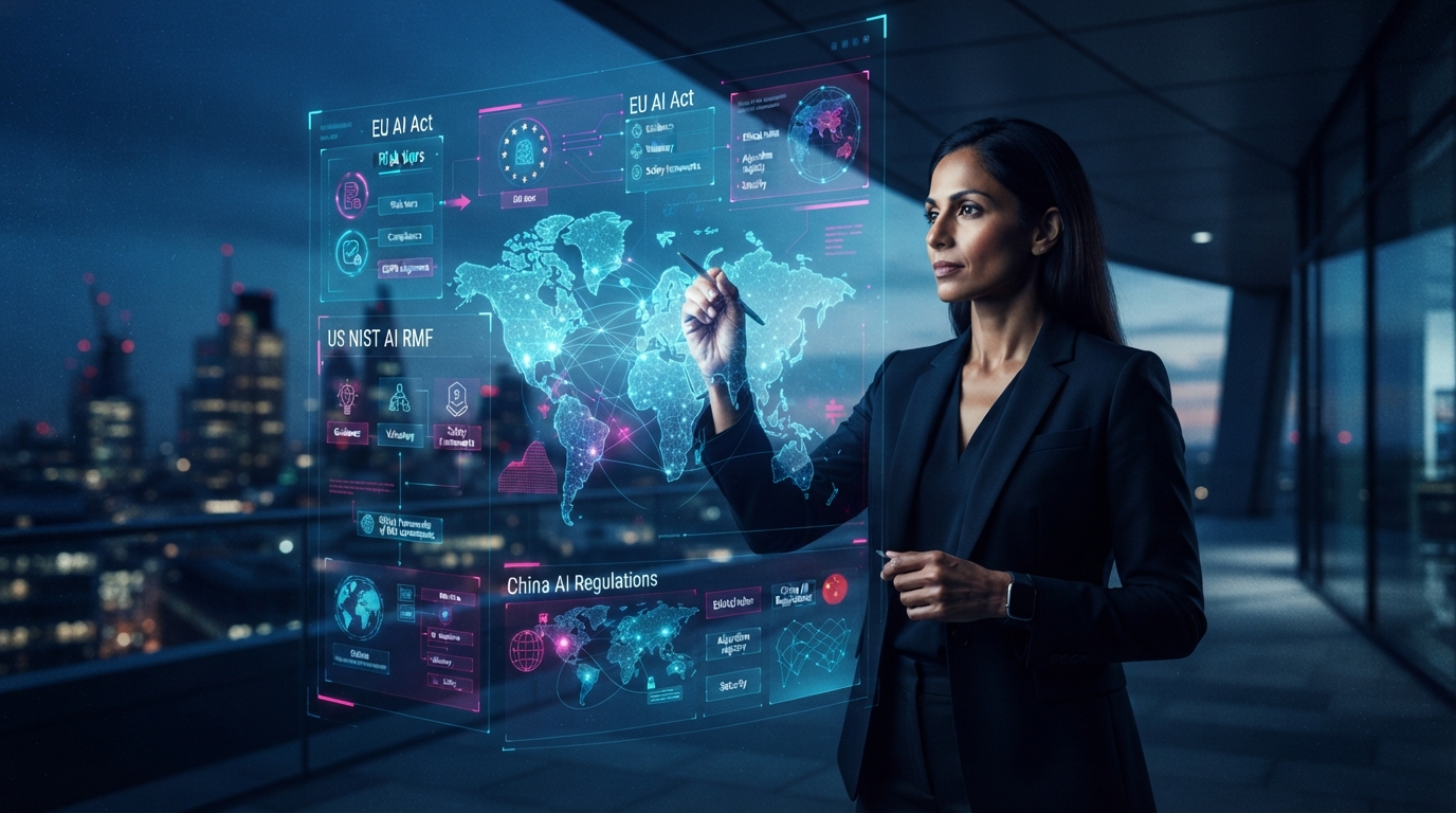 Editorial illustration for Navigating Global AI Governance: A Comparison of the EU AI Act, US NIST AI RMF, and China's Regulations