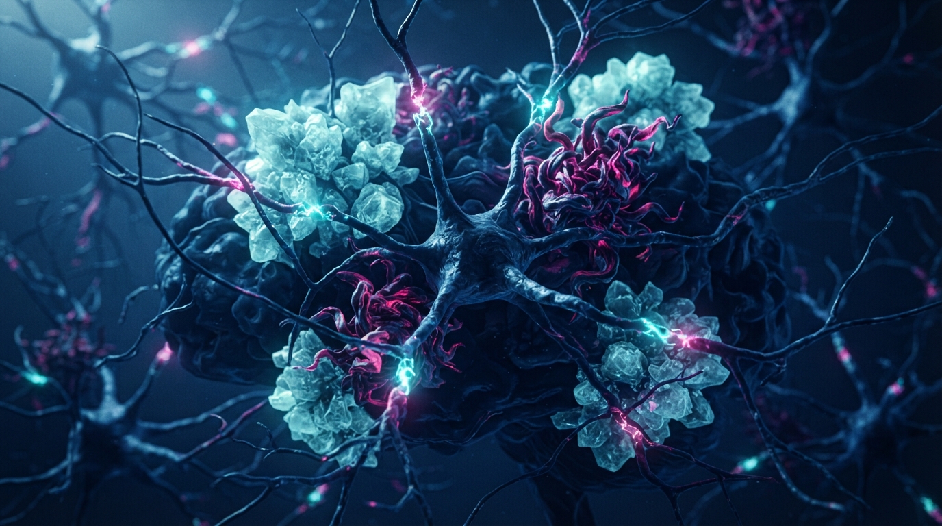 Abstract visualization of amyloid-beta plaques and tau tangles within brain cells, illustrating the complex cellular and molecular mechanisms of Alzheimer's neurodegeneration.