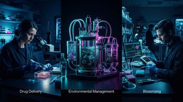 Editorial illustration for Three Ways Synthetic Biology Solves Problems: Drug Delivery, Environmental Management, and Biosensing Compared